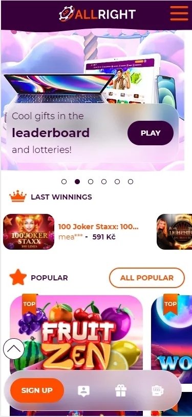 Mobilní verze All Right Casino
