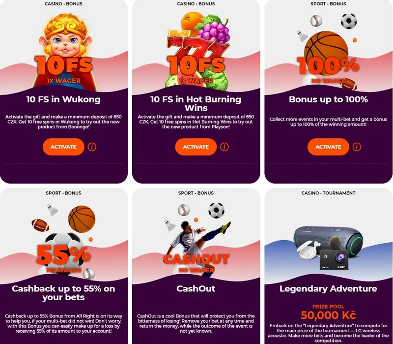 Bonusy a propagace All Right Casino