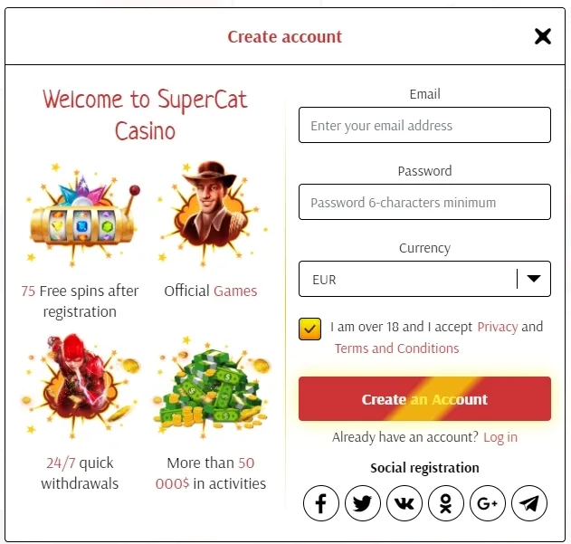 Supercat Casino zaregistrovat stránku