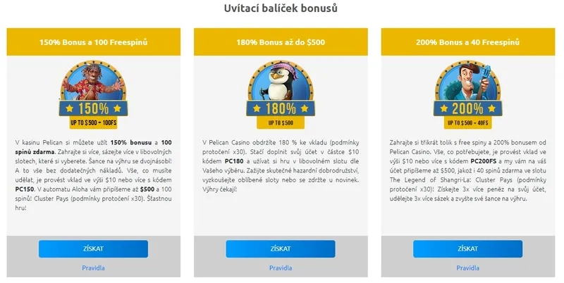 Bonusy za první vklad v Pelican Casino