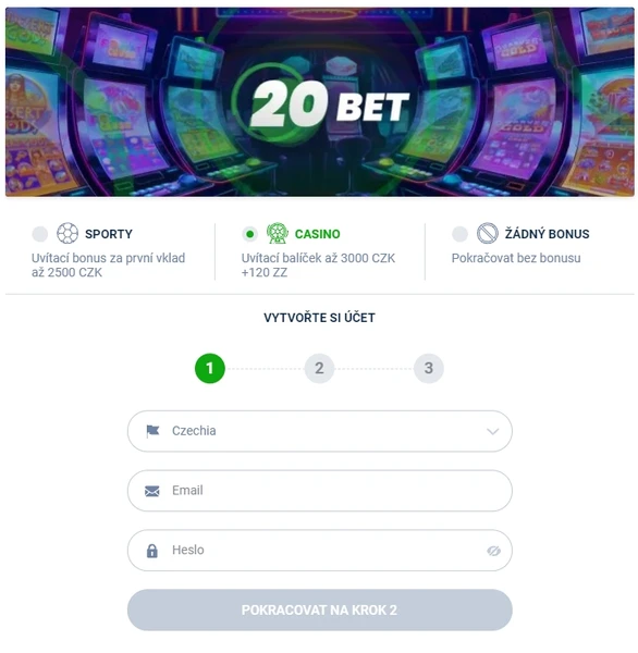 Registrace na webových stránkách 20bet casino a ověření účtu