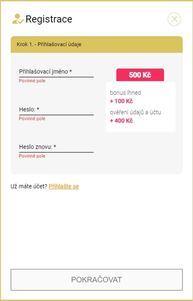 Registrace na webových stránkách Kartáč Casino