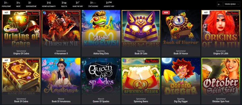 Hazardní hry v lobby kasina Cobra