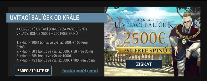 King Billy Casino bonusy - Uvítací bonus € 2500 + 250 otočení zdarma