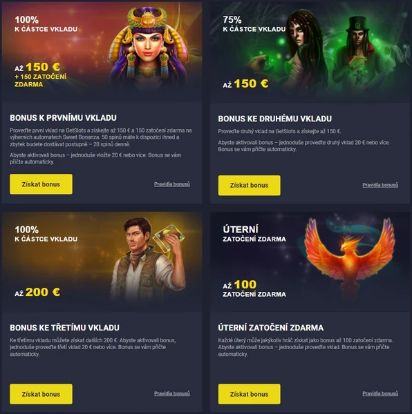 GetSlots uvítací bonusový balíček na první tři vklady