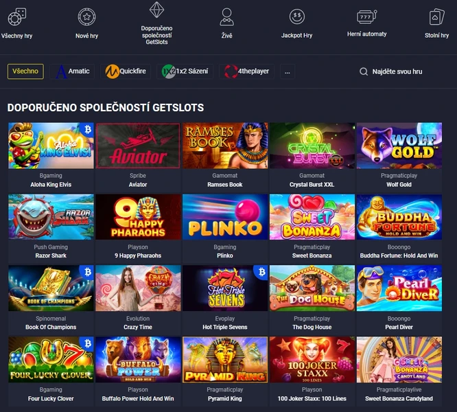 Hazardní hry v lobby kasina Getslots