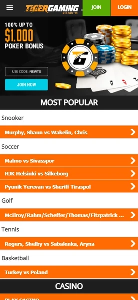 Mobilní verze Tiger Gaming Casino