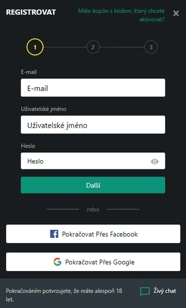 1BET - Registrace a přihlášení