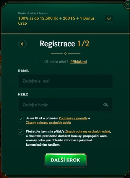 Casino Casinia - Registrace