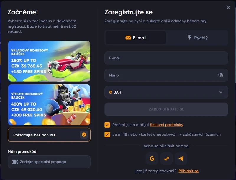 Registrace a přihlášení do Spinarium Casino